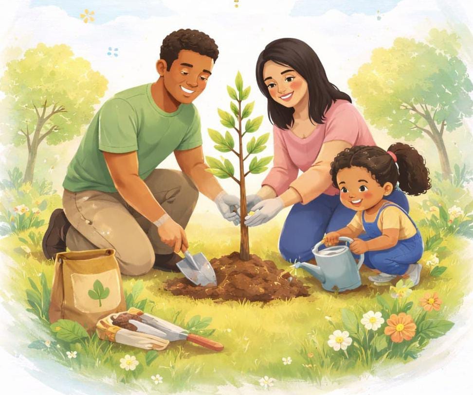 Desenho de uma familia plantando uma árvore