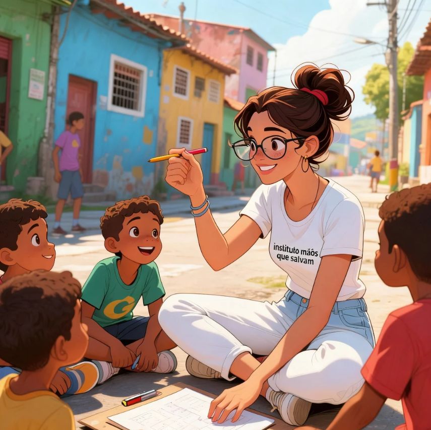 Desenho de uma mulher com uma caneta na mão ensinando crianças